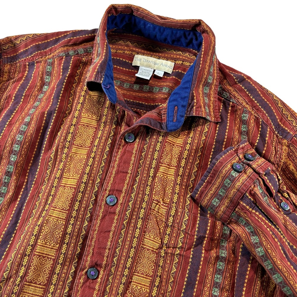 The Territory Ahead Shirt Men L Orange Aztec Geometric Stripe Cotton Button Down